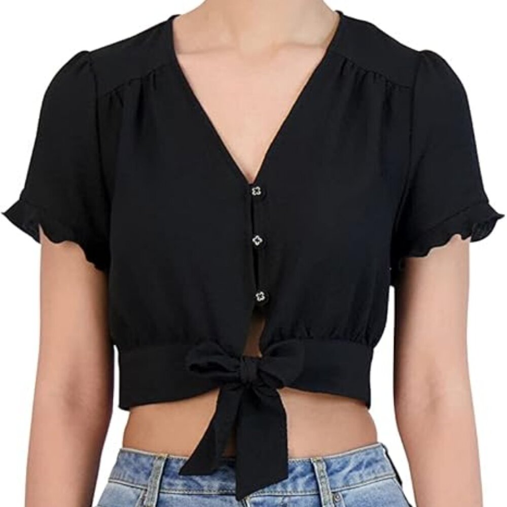 BCBGeneration Women's Short Sleeve Button Down Tie Front Crop Top Black B4HP